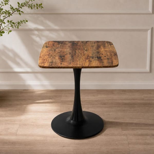 Mid-Century Modern Black and Antique Brown MDF Wood 23.6 in. Square Pedestal Metal Base Dining Table, Seats 2