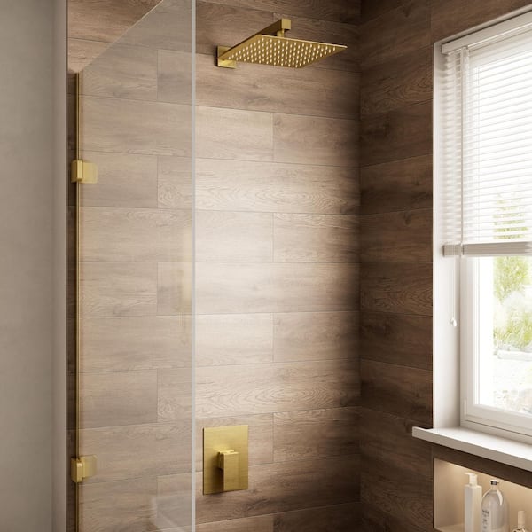 Crozet 1-Spray 1.8 GPM 10 in. Wall Mount Fixed Shower Head Shower Faucet with Pressure Balance in Brushed Gold