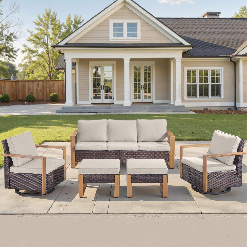 Kove Brown Wicker 5-Piece Patio Conversation Set Outdoor Sectional Seating Set with Matal Ottoman and Beige Cushion price history on PriceWatchPro
