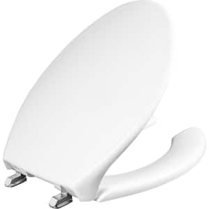 Never Loosens Self Sustaining Elongated Commercial Plastic Open Front Toilet Seat in White with DuraGuard