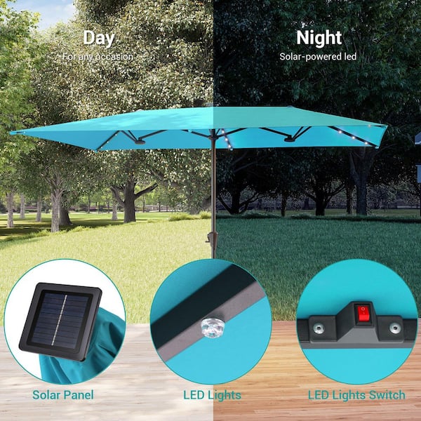 Sonkuki 11 x 7 ft. Steel Solar-powered Double-Sided Market Patio Umbrella with Canopy Outdoor Table Umbrella in Lake Blue Sonkuki 11 x 7 ft. Steel Solar-powered Double-Sided Market Patio Umbrella with Canopy Outdoor Table Umbrella in Lake Blue