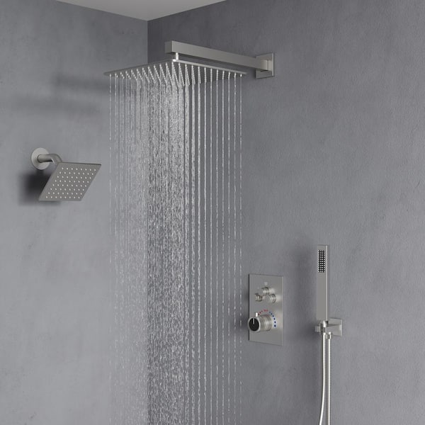 6 in. and 7-Spray 12 in. Thermostatic Wall Bar Shower Systems with Handheld 2.5 GPM in Brushed Nickel(Valve Included)
