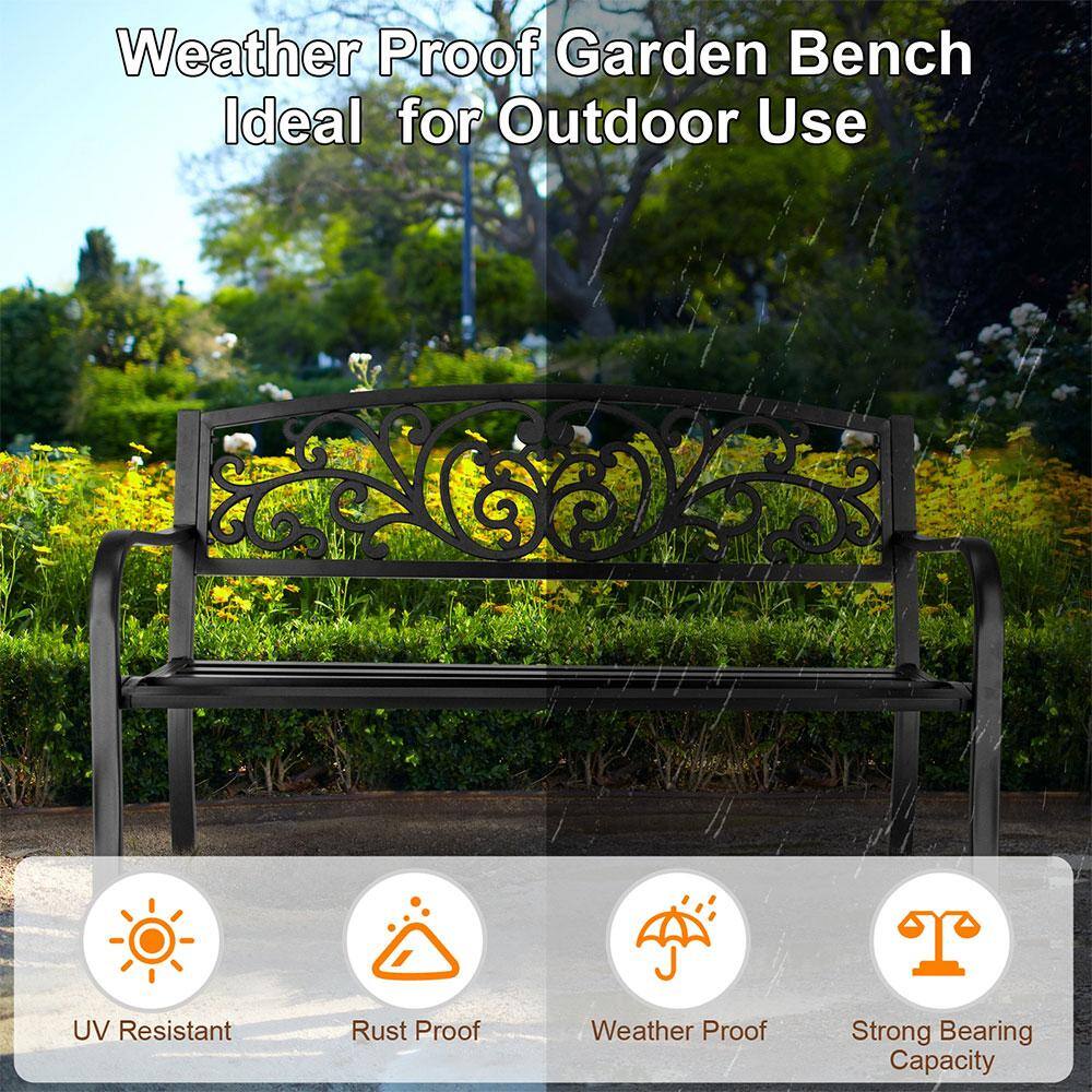 Black Powder Coated Steel Outdoor Bench with Cast Iron Backrest