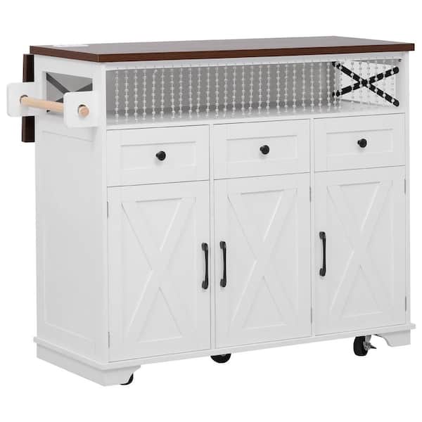 White Wood 46.5 in. W Farmhouse Kitchen Island with Drop Leaf, 3 Doors, 3 Drawers and Open Shelf