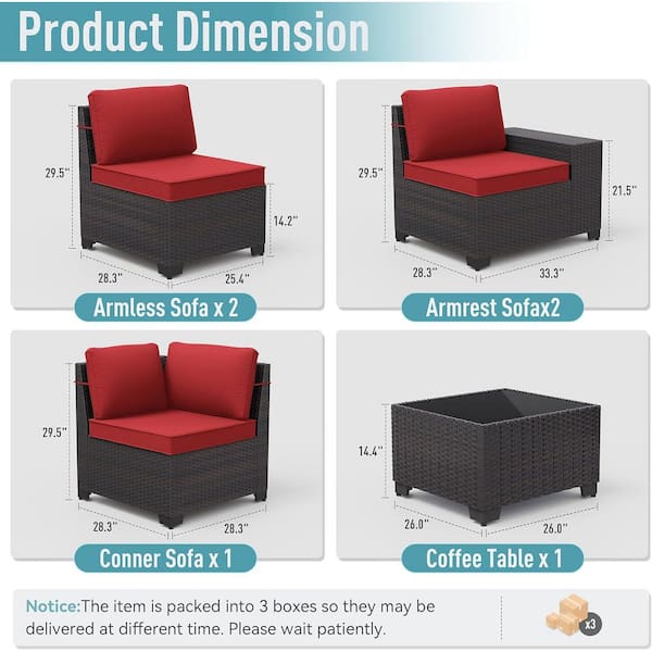 7-Piece Wicker Patio Fire Pit Set with 55000 BTU Gas Fire Pit Table, Coffee Table, Glass Wind Guard and Cushion Red