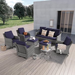 8-Piece Gray Wicker Patio Conversation Set with Swivel Rocking Chairs and Side Table, Navy Blue