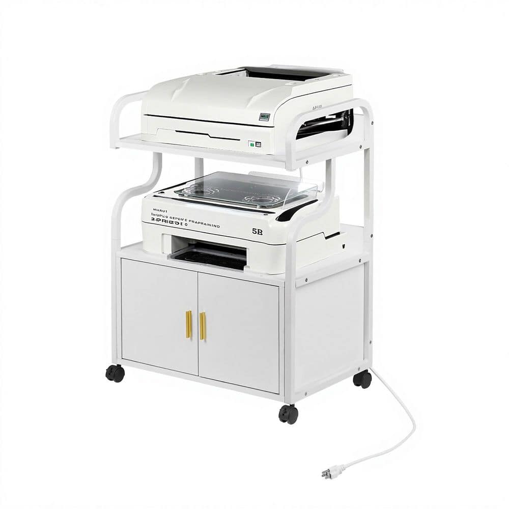 Rolling Side Table with Charging Station, 31.5 in. Accent Storage Cabinet, 3-Tier Printer Stand on Wheels, White Style 2