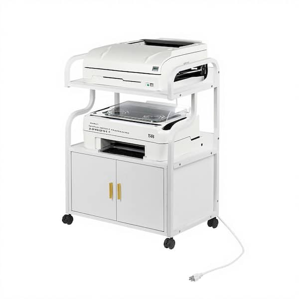 Rolling Side Table with Charging Station, 31.5 in. Accent Storage Cabinet, 3-Tier Printer Stand on Wheels, White Style 2