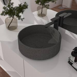 Concrete Stripes Design Round Bathroom Vessel Sink Art Basin in Mottled Bluish Grey with The Same Color Drainer