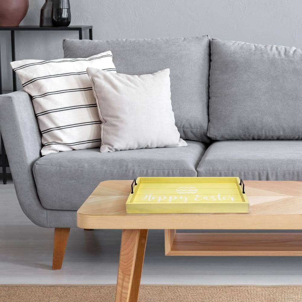 Farmhouse Yellow Wash Wood Serving Tray with Black Handles