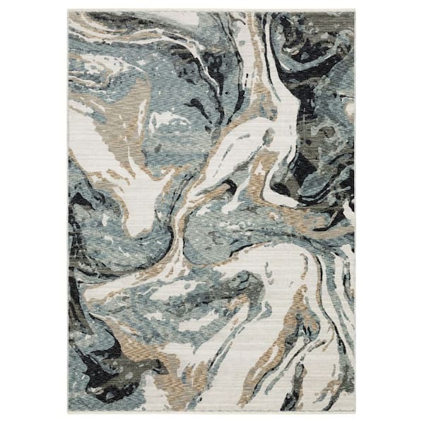 Eclipse Blue/Ivory 10 ft. x 13 ft. Contemporary Abstract Polyester Fringe-Edge Indoor Area Rug