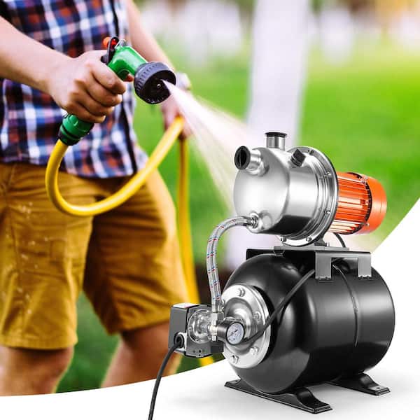 1 HP Shallow Well Pump with Pressure Tank 1000 GPH Booster Pump 130 ft. Head Lift Stainless Steel Pump
