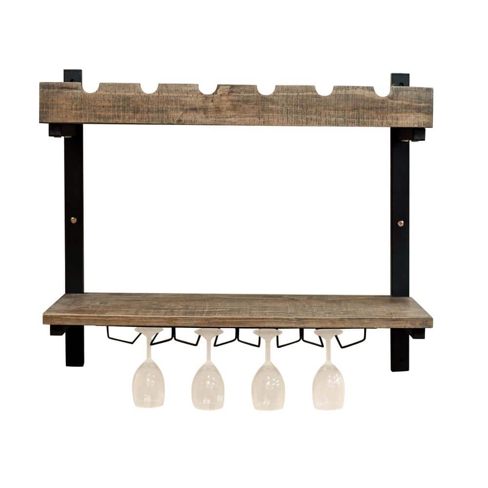 Pomona Rustic Industrial Wall-Mounted Wine Rack with Glass Storage - Brown
