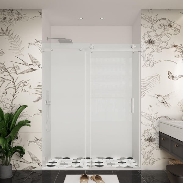 YINVANI 54 in. W x 76 in. H Single Sliding Frameless Bypass Shower Door in Brushed Nickel with Easy-Clean 3/8 in. Clear Glass