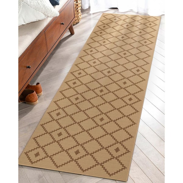 Beige 2 ft. 3 in. x 7 ft. 3 in. Runner Flat-Weave Well-Jute Printed Akita Moroccan Lattice Area Rug