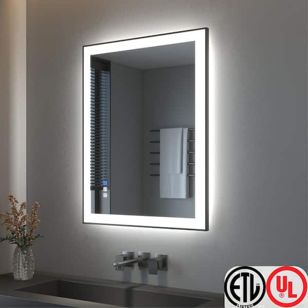 36 in. W x 28 in. H Rectangular Framed LED Anti-Fog Wall Bathroom Vanity Mirror in Black with Backlit and Front Light