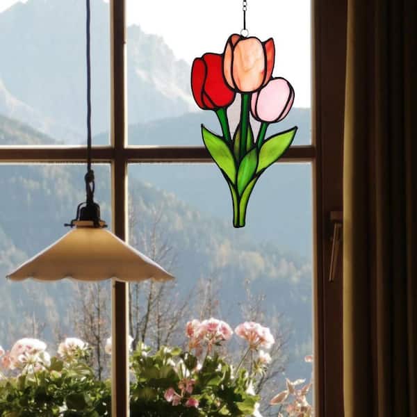 Red Tulip Stained Glass Art Glass Window HDDB1PFT1P - The Home Depot