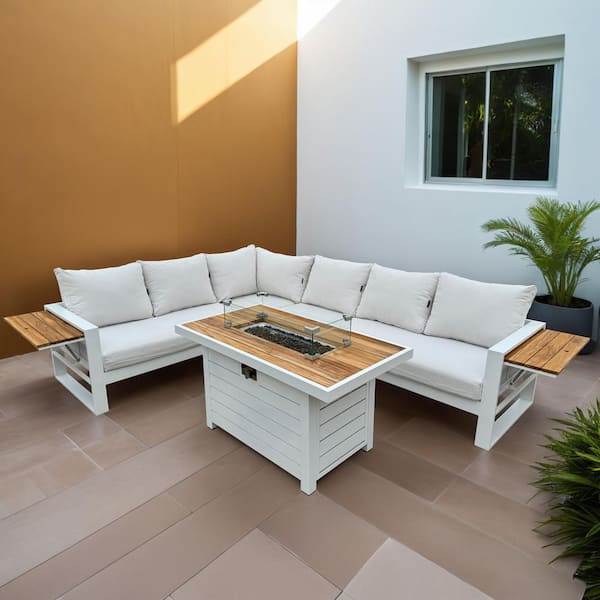 HiGreen Outdoor Denver 5-Piece Aluminum Outdoor Patio Fire Pit Deep Sectional Seating Set with Cast Natural Cushions