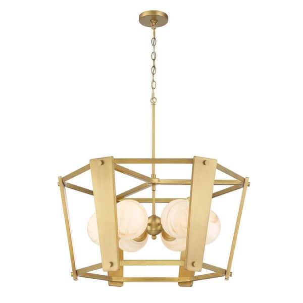 Shimmer 60-Watt 6-Light Legacy Brass Cage Pendant Light with Etched Opal Amber Swirl Glass Shades, No Bulbs Included