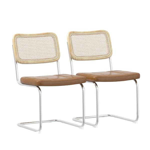 Unbranded Brown Faux Leather Upholstered Dining Chair Set of 2 with High-Density Sponge Rattan Side Chairs with Cane Back