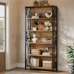 Eulas 70.87 in. Tall Rustic Brown Wood 6-Shelf Standard Bookcase with Geometric Metal Support, Industrial Bookshelf