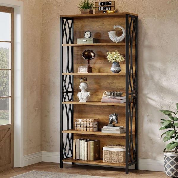 Eulas 70.87 in. Tall Rustic Brown Wood 6-Shelf Standard Bookcase with Geometric Metal Support, Industrial Bookshelf