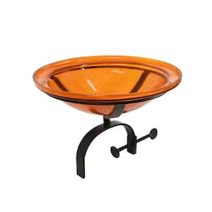 12.5 in. Dia Mandarin Orange Reflective Crackle Glass Birdbath Bowl with Over Rail Bracket