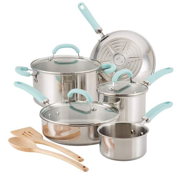 Rachael Ray Create Delicious 10-Piece Stainless Steel Cookware Set in Stainless Steel with Light Blue Handles