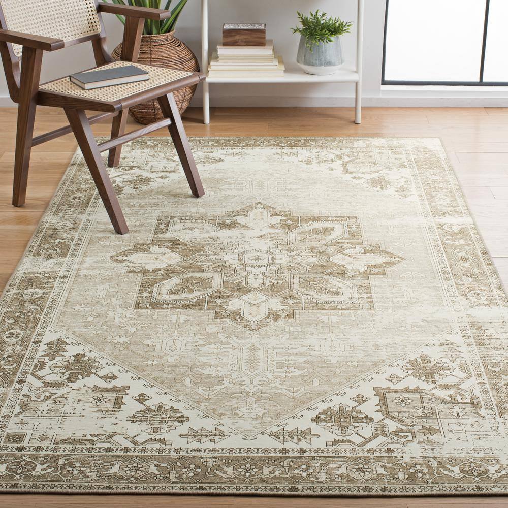 Ivory and Sage Square Washable Synthetic Area Rug