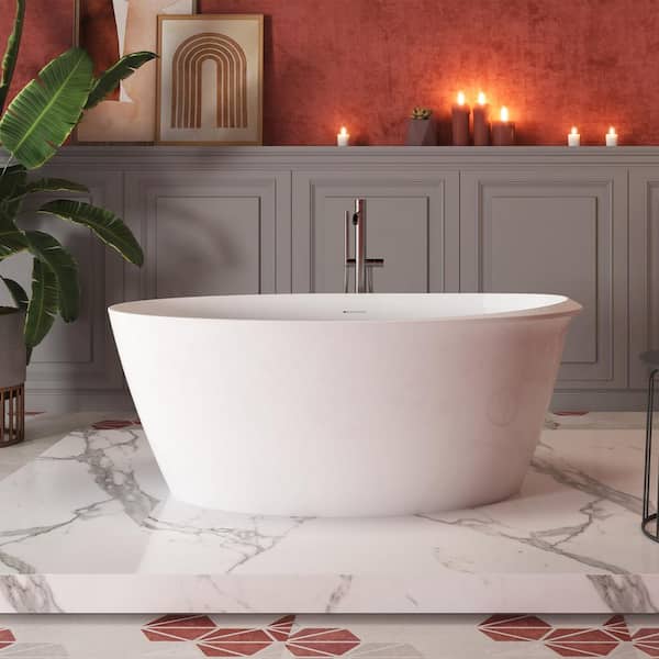 Mokleba Minimalist 59 in. Modern Oval Freestanding Bathtub Acrylic Soaking SPA Tub in White with Polished Chrome Drain