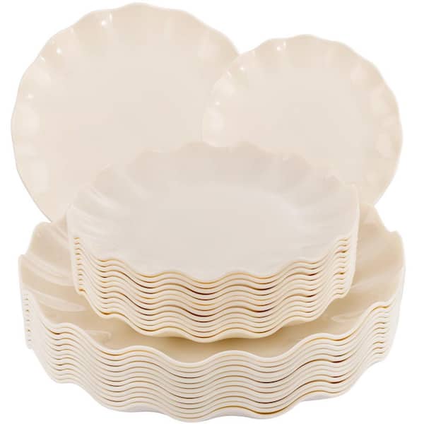 24-Piece Modern Beige Plastic Dinnerware Set, Service for 12, Reusable, Microwave, Dishwasher Safe for Parties, Picnics
