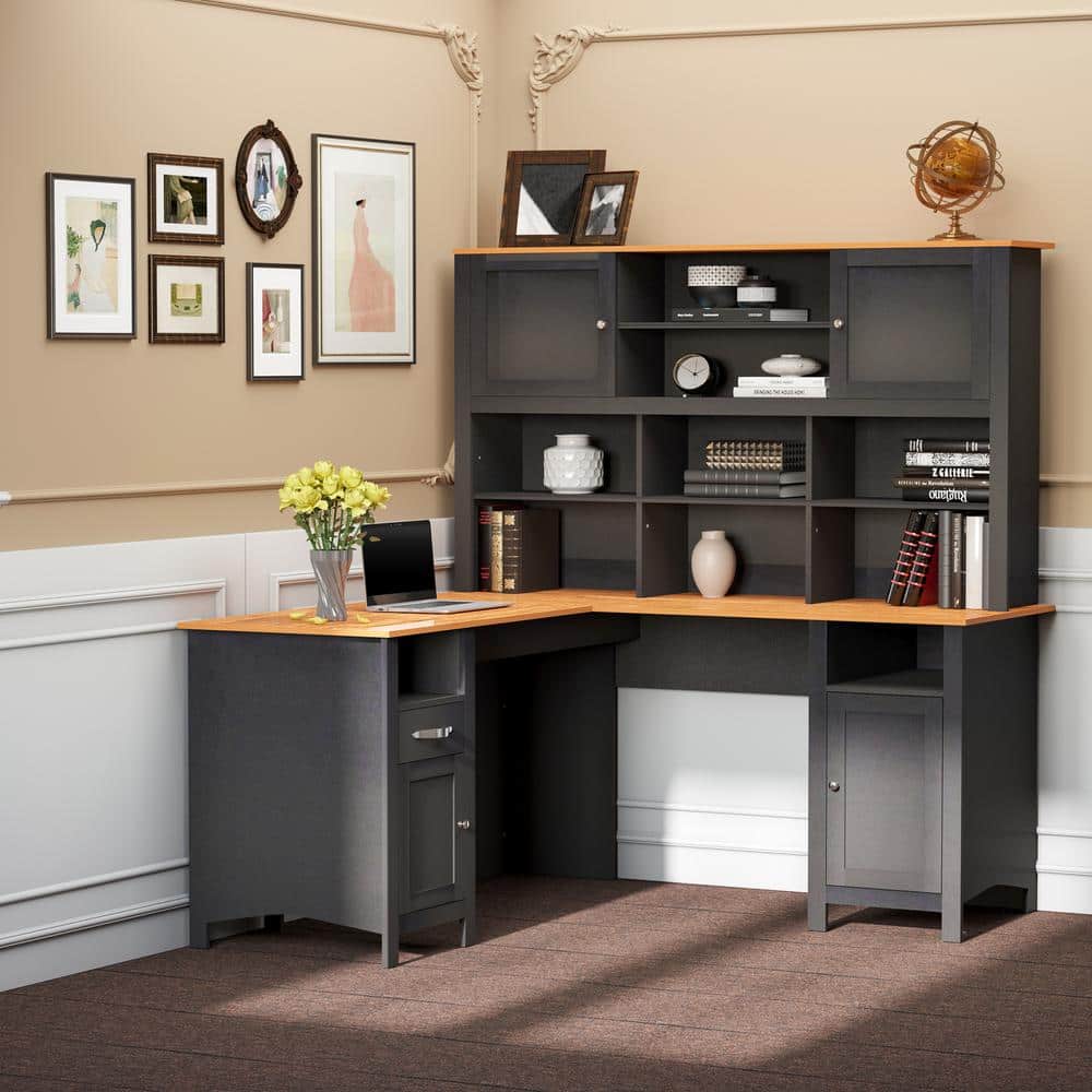 Black L-Shaped Wood Computer Desk with Hutch and Drawer