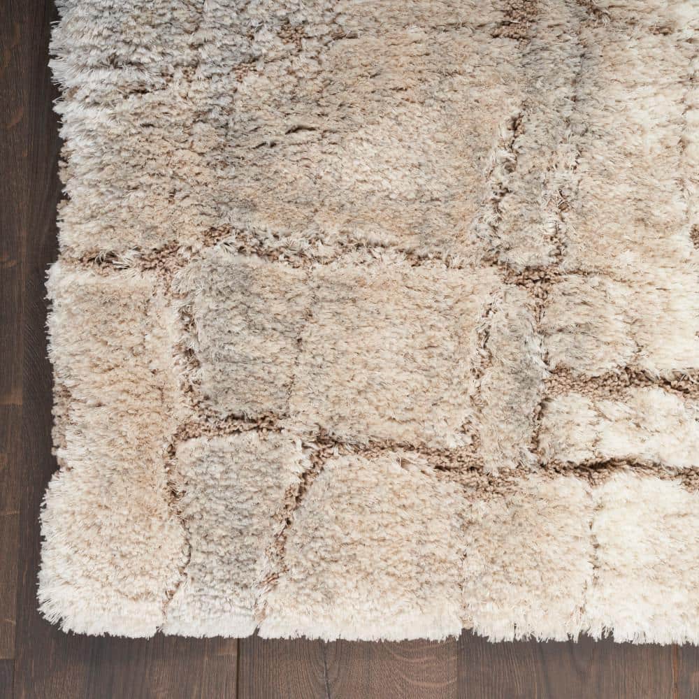 Ivory Beige Abstract Shag 5' x 7' Synthetic Area Rug