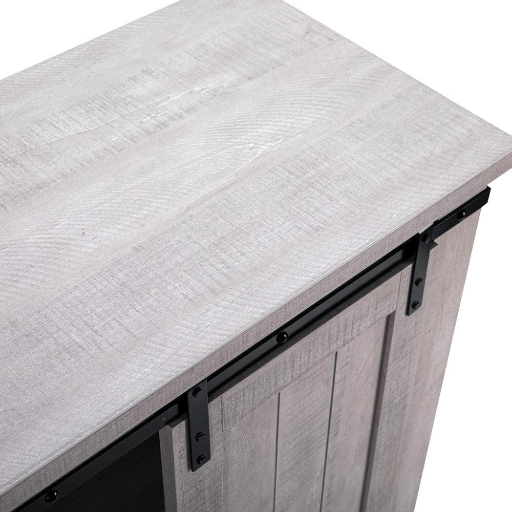 Saw Cut Off-White Compact TV Stand with Barn Door Cabinet