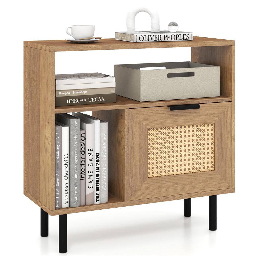 Modern Nightstand Boho Rattan Side End Table w/ Open Storage Shelf & Cabinet