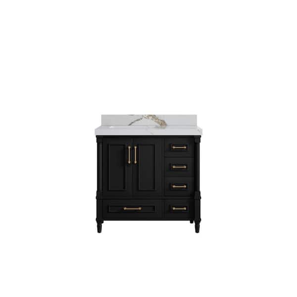 Willow Collections Hudson 36 in. W. x 22 in. D x 36 in. H Left Offset Sink Bath Vanity in Black with 2 in. Calcutta Gold Qt. Top