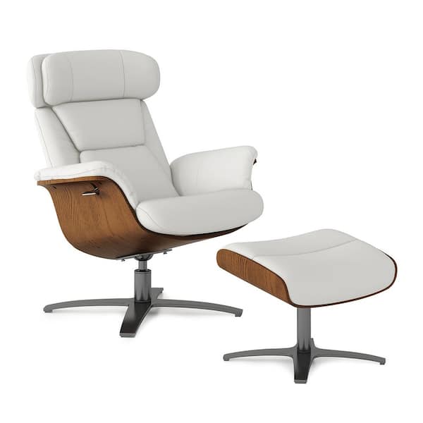 Jennifer Taylor Jovan 31.5 in. Mid-Century Modern Genuine Leather Living Room Recliner Lounge Chair and Ottoman Set in Porcelain White