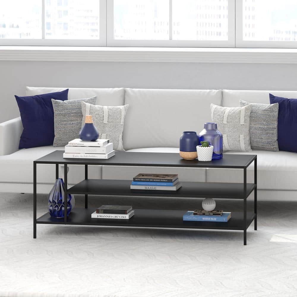 Modern Rectangular 46'' Metal Coffee Table with Glass Shelves in Blackened Bronze