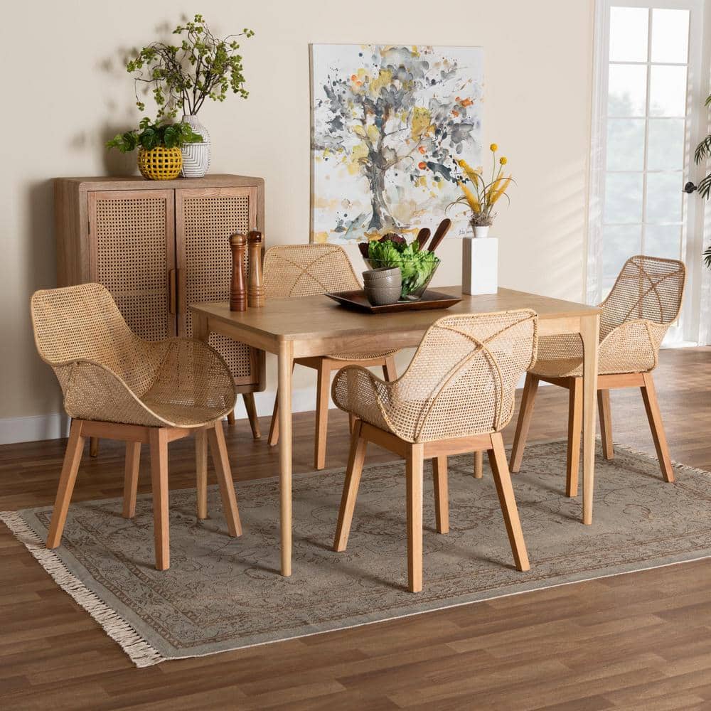 Natural Brown Mahogany Wood and Rattan 5-Piece Dining Set