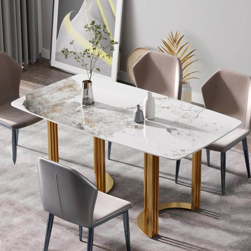 Magic Home 63 in. Pandora Round Edge Sintered Stone Dining Table with ...