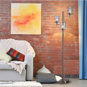68 in. 3-Head Track Tree Brushed Nickel Floor Lamp with Ribbed Glass Shades