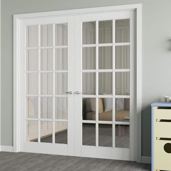 72 in. x 80 in. Universal 15 Lite Clear Glass White Solid Core Glass Double Prehung French Door+ Quick Assemble Jamb
