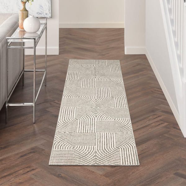 Textured Home Grey Ivory 2 ft. x 8 ft. Geometric Contemporary Runner Area Rug
