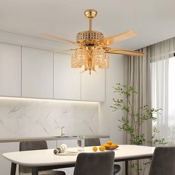 OUKANING 52 in. Indoor Gold Luxury Crystal 3-Speed Ceiling Fan
