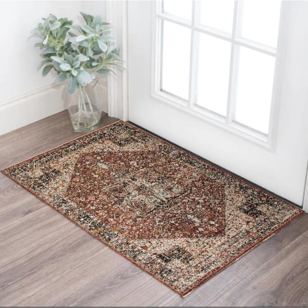 HomeRoots 2 x 3 Red Ivory And Black Abstract Area Rug