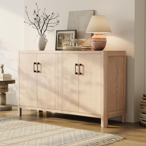 Perch Farmhouse Rustic Natural 36 in. Wood Accent Storage Cabinet with 4 Doors, Shelves