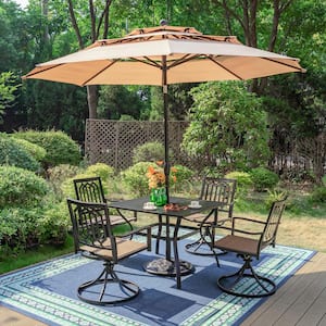 Black 6-Piece Metal Outdoor Patio Dining Set with Slat Square Table, Umbrella and Fashion Swivel Chairs
