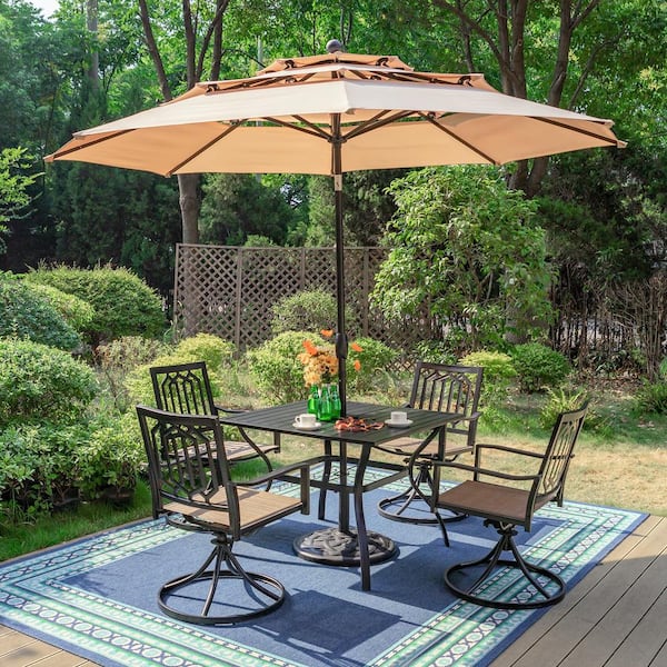 PHI VILLA Black 6-Piece Metal Outdoor Patio Dining Set with Slat Square Table, Umbrella and Fashion Swivel Chairs