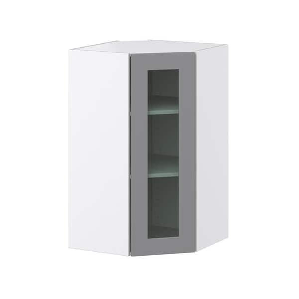 Roseland 24 in. W x 14 in. D x 40 in. H Assembled Shaker Glass Door Diagonal Corner Kitchen Cabinet in Slate Gray