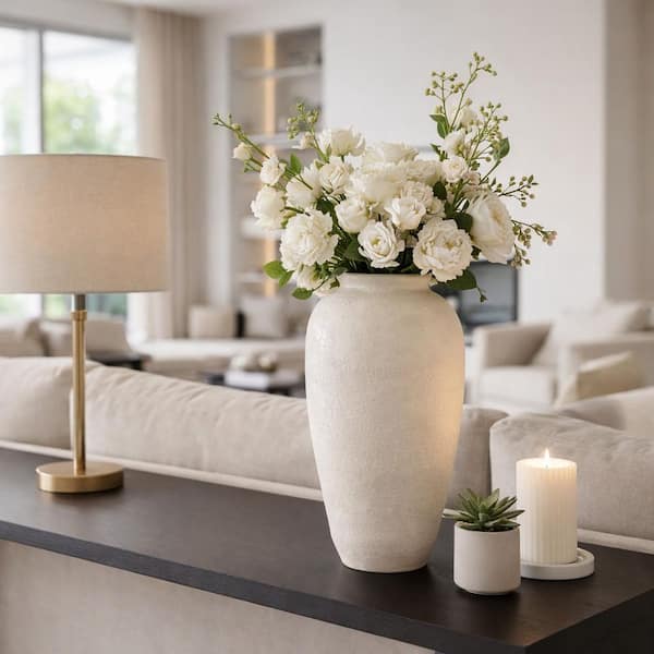 18.5 in. Beige/White Pottery Paper Mache Cylinder Decorative Floor Vase